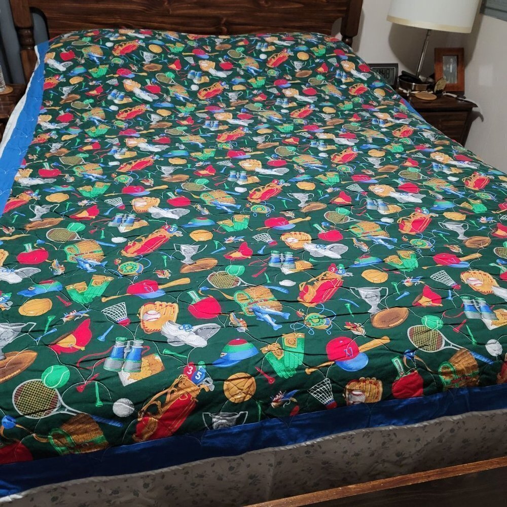 Handmade Baseball Logo Blue Multicolored Bed Quilt Comforter Twin Size - Picture 2 of 7